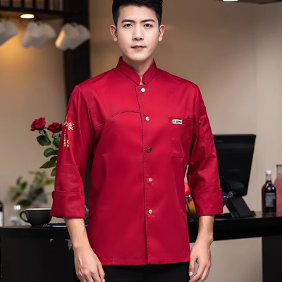 Quần áo làm việc đầu bếp thoáng khí polyester-cotton cao cấp dài tay nam mùa thu nhà hàng khách sạn phục vụ nhà bếp làm bánh quần áo đầu bếp đồng phục đầu bếp may sẵn áo bếp may sẵn