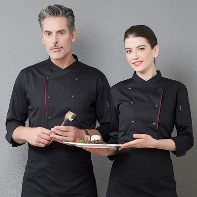Quần yếm đầu bếp khách sạn cao cấp nam dài tay nhà bếp khách sạn phục vụ nướng bông đen quần áo đầu bếp ngắn tay nữ mua áo bếp