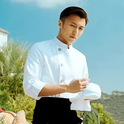 áo bếp nam đẹp Nicholas Tse cùng kiểu quần áo đầu bếp dài và ngắn tay mùa hè khách sạn thức ăn phương Tây bánh nướng trắng quần áo làm bếp cotton nguyên chất áo bếp đẹp áo bếp trưởng đẹp